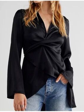 #402 Free People Black Harley Tunic Long Sleeve Wrap Top Size Medium